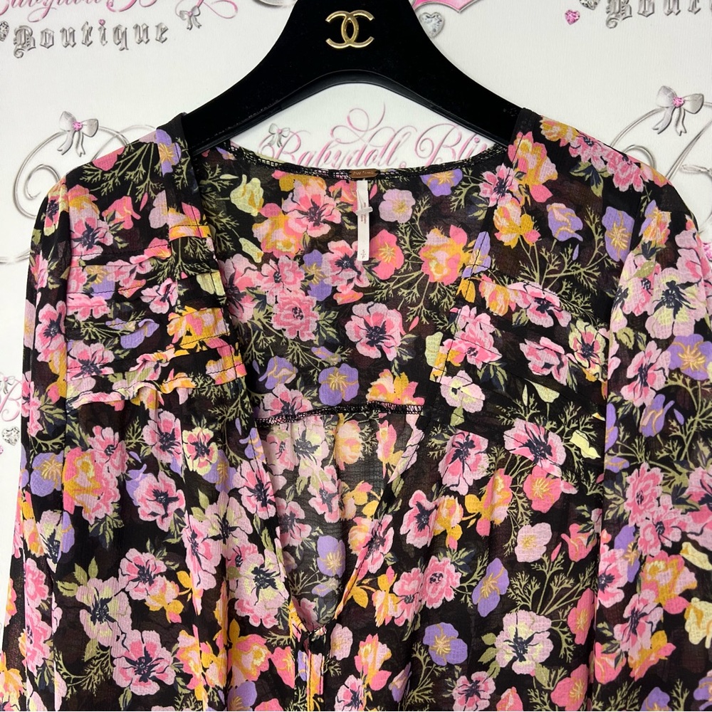 Free people blouse floral flowers rainbow 🌈 mixture neon bow tie ribbon 🎀 - Picture 6 of 14